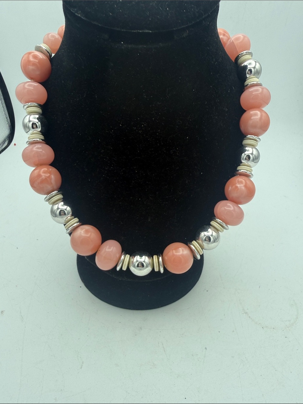 Chunky Salmon Pink Coral Statement Necklace Silver Accent Beads